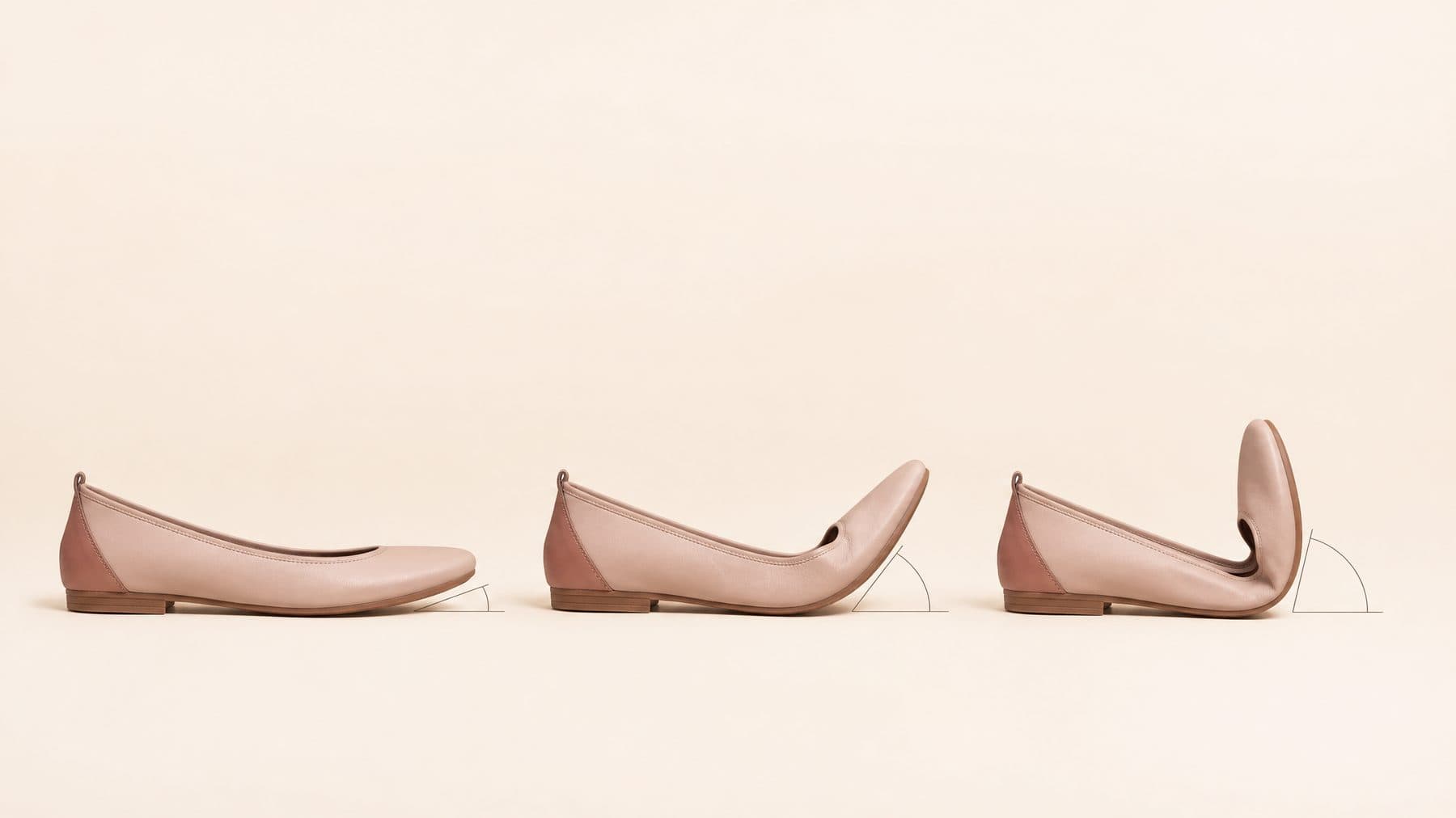 Three shoes photographed mid-bend at increasing forefoot angles, in a row.