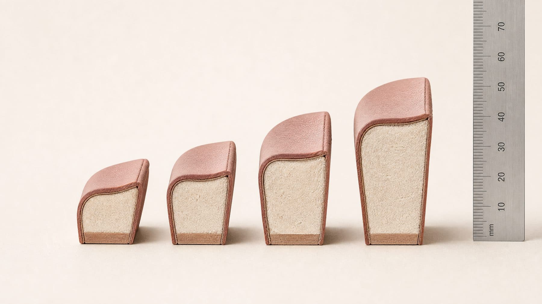 Four heel-seat cross-sections side by side, increasing in thickness, against a millimetre rule.