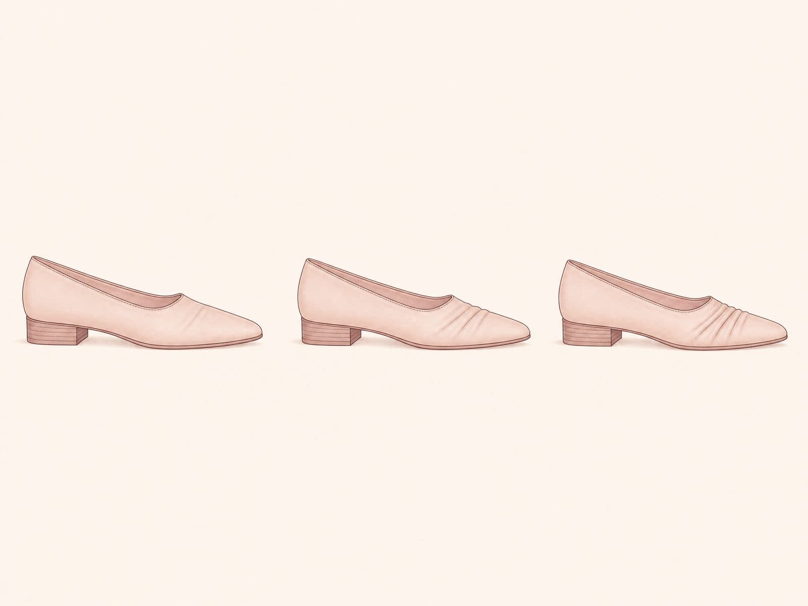 Line diagram of the same shoe drawn three times, each with a deeper crease across the vamp.